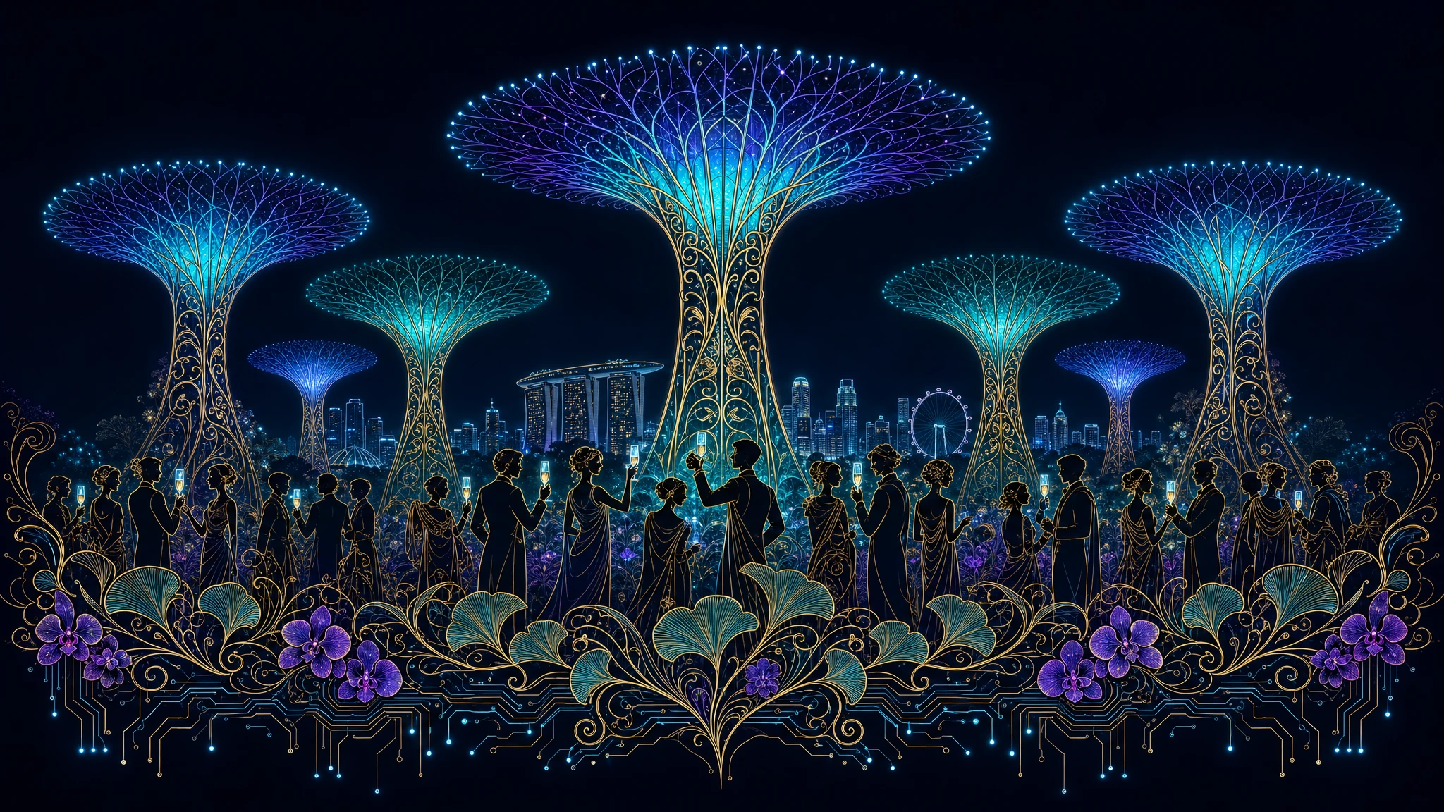 Neon Art Nouveau ribbon of the Gardens by the Bay Super Tree Grove at night, a crowd raising a toast
